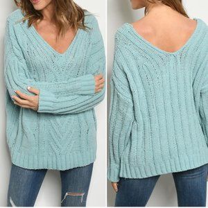 BLUE V NECK KNIT SWEATER TUNIC TOP